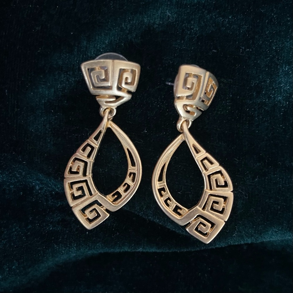 Vintage Greek Key Gold Drop Earrings